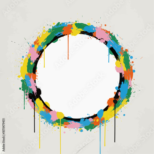 Colorful Paint Splatter Circle Frame with Abstract Ink Drips on Textured Background