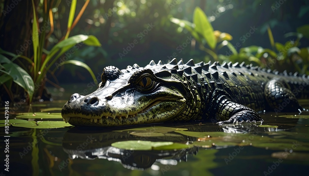 Fototapeta premium Alligator basking in the sun in a swampy environment.