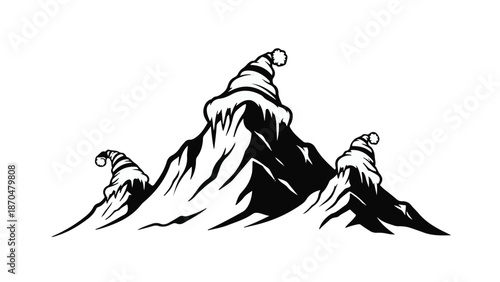 Whimsical snow-capped mountains wearing festive Santa hats, evoking a playful winter holiday spirit.