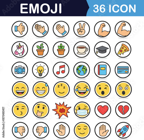 Line Art Emoji and Icon Set: Minimalist Yellow Faces, Hand Gestures, and Lifestyle Symbols for Web and Mobile UI