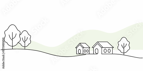 Simple line drawing of houses nestled among trees and rolling hills