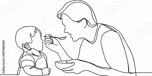 A mother lovingly feeds her baby with a spoon in a simple line drawing