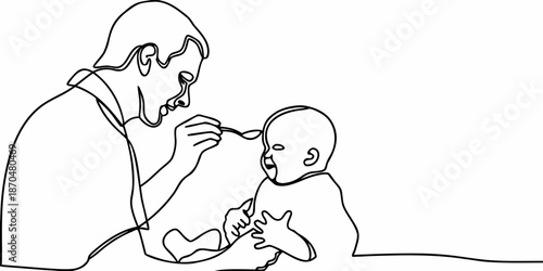 A loving grandfather carefully feeds a happy baby with a spoon