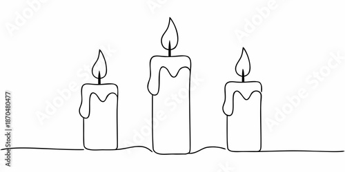 Minimalist line drawing of three lit candles with melting wax details