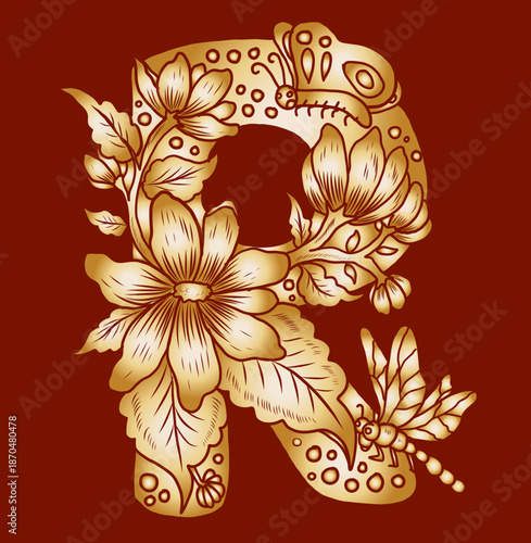 Floral alphabet letter A-Z hand drawn Illustration, Decorative botanical typography for coloring Pages and creative design.Set of flower alphabet.Line art and doodle for t-shirt.Elements with flower.