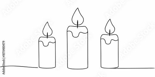Minimalist line art illustration depicting three lit candles in a row