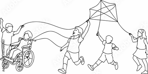 Children enjoying a sunny day flying a kite together inclusive play