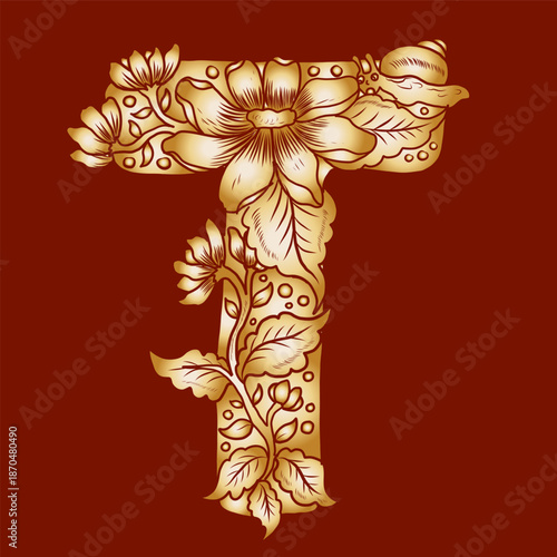 Floral alphabet letter A-Z hand drawn Illustration, Decorative botanical typography for coloring Pages and creative design.Set of flower alphabet.Line art and doodle for t-shirt.Elements with flower.