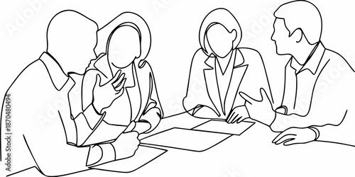 Line art depiction of a business meeting with four professionals collaborating