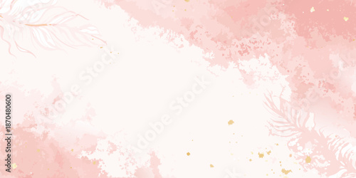 Soft pink watercolor background with delicate floral elements and golden accents