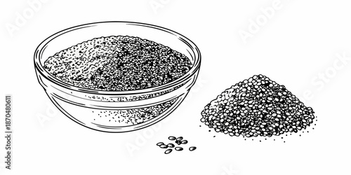 A sketch of a bowl and pile of tiny black seeds or grains