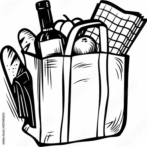 A charming black and white illustration of a picnic basket filled with food