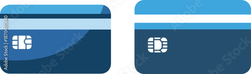 Pair of blue payment cards, clearly showing both front and back views with secure microchip and magnetic stripe details, ideal for financial and banking concepts