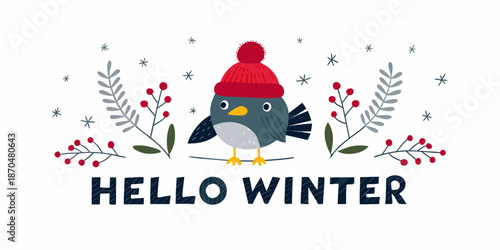 A charming winter illustration featuring a bird with a red hat and foliage