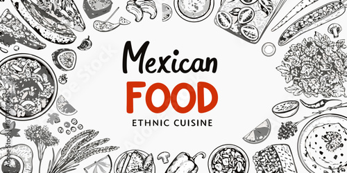 A hand drawn illustration showcasing a variety of traditional mexican food dishes