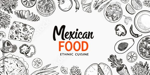 A detailed sketch showcasing a variety of traditional mexican food and ingredients