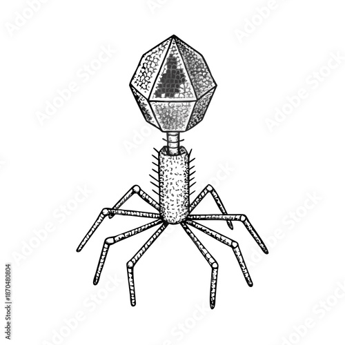 Detailed rendering of a bacteriophage virus structure against a dark background