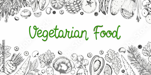 Vegetarian food illustration featuring fruits vegetables and botanical elements