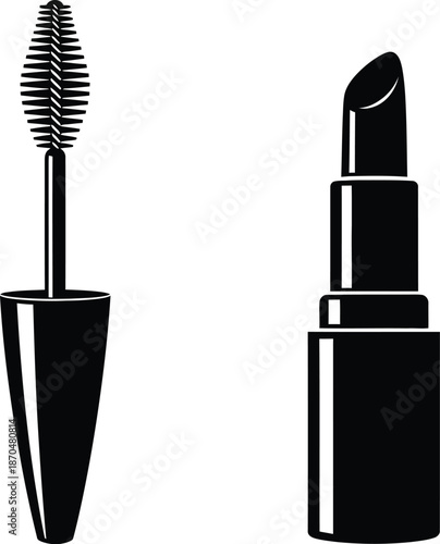 Mascara and a lipstick. , mascara and brush vector.  Makeup mascara wand and lipsticks tube illustration silhouette. 