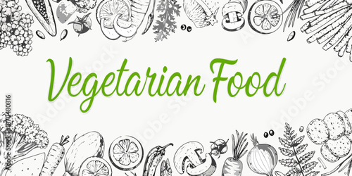 A botanical illustration showcasing a vibrant array of vegetarian foods and produce