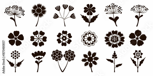 A collection of monochrome floral illustrations displaying diverse botanical shapes