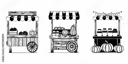 Black and white illustrations of three market stalls with autumn produce