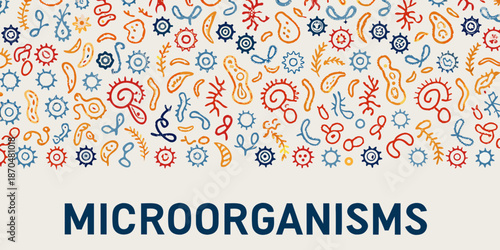 Colorful pattern of various microorganisms and organic shapes on a white background