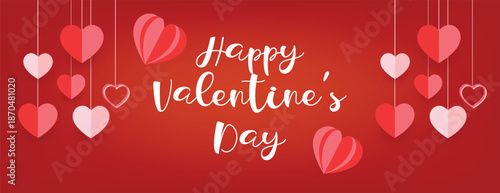 Happy Valentine’s Day horizontal web banner template with love celebration party visuals, romantic land concept, 3D heart vector illustration background marketing design