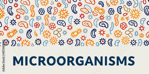 Colorful pattern of various microorganisms and bacteria on a light background