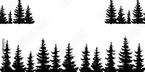 Simple black silhouettes of evergreen trees against a white background