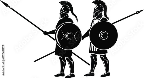 Ancient Greek warriors parade. Roman warriors with spears and shield icon. hoplite or a Spartan wearing traditional Greek armor,  helmet and shield vector illustration. 