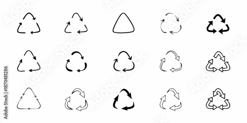 Collection of various recycling symbols in black and white line art style
