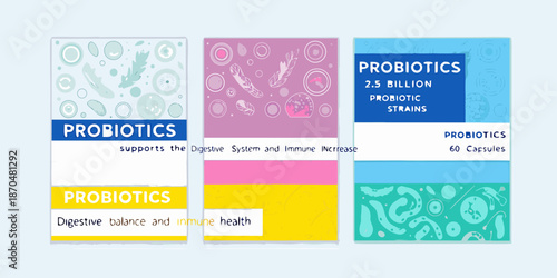 Colorful probiotic supplement packaging designs with bacterial illustrations and text