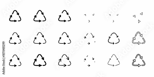 Collection of recycling symbols and plastic identification codes in monochrome style
