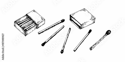 Sketch of scattered matches and an open matchbox a simple black and white drawing