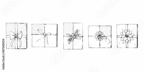A row of sketch gift boxes each uniquely adorned with floral and ribbon details