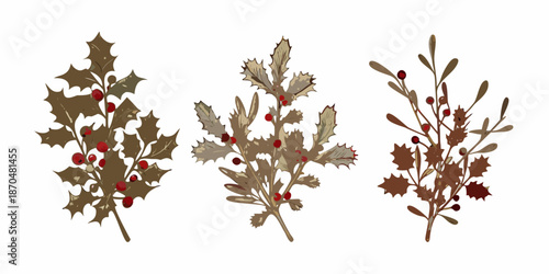 A collection of illustrated holly and berry branches in varying shades