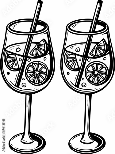Two glasses of refreshing citrus infused beverage with straws illustrated in monochrome