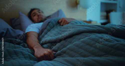 Tableau sur toile Insomnia, thinking and man in bed at night for burnout, exhausted and fatigue for mental health