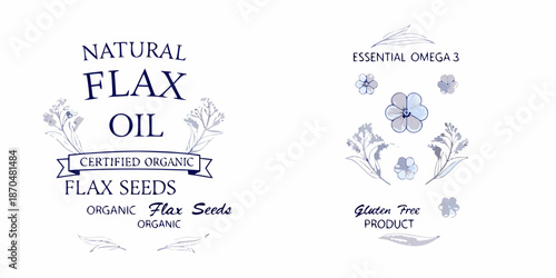Natural flax oil and organic flax seeds product label with floral designs
