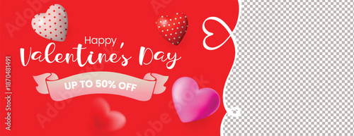 Valentine’s Day sale discount banner template with romantic 3D heart vector illustration background, Valentine website header design, love celebration party marketing layout