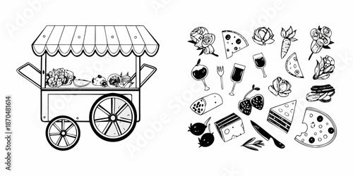 A charming food cart illustration with various food and drink sketches around it
