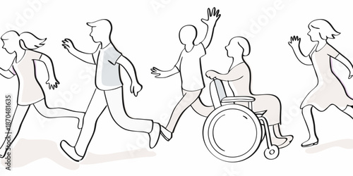 Diverse group of people running and moving with inclusivity and joy