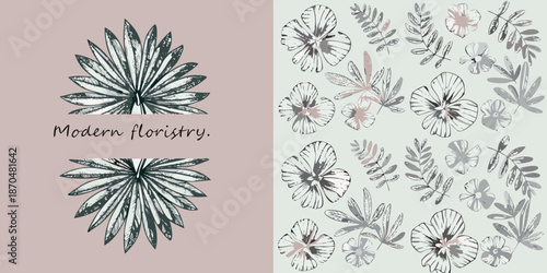 Botanical illustration with delicate floral and leaf sketches in muted tones