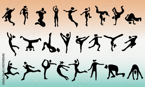 Reusable abstract human silhouettes dancing and jumping in expressive motion black vector set for creative design