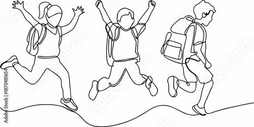 Joyful children jumping with backpacks a continuous line drawing illustration