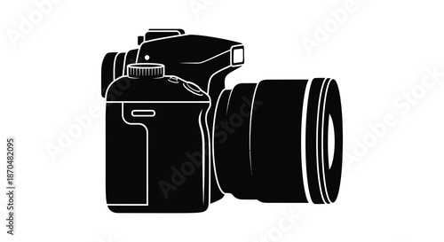 A strikingly detailed black and white outline of a professional dslr camera silhouette