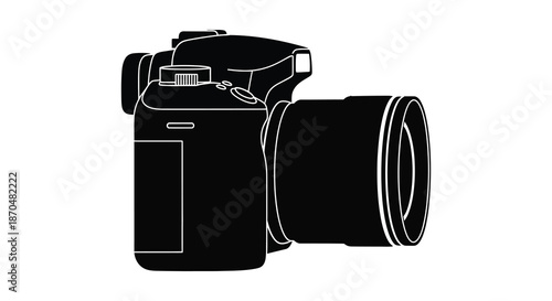 Detailed view of a professional dslr camera showcasing its design and features silhouette