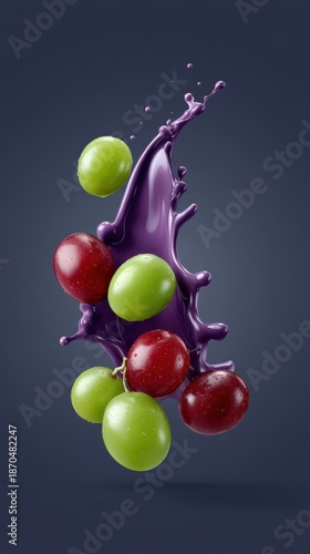 fresh grape juice splash explosion, dynamic purple liquid burst with floating whole green and red grapes in midair, isolated on clean dark gradient background, cinematic high-speed photography style,
