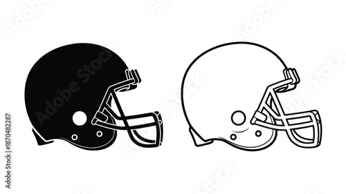 Two american football helmets one solid black and one outlined in white